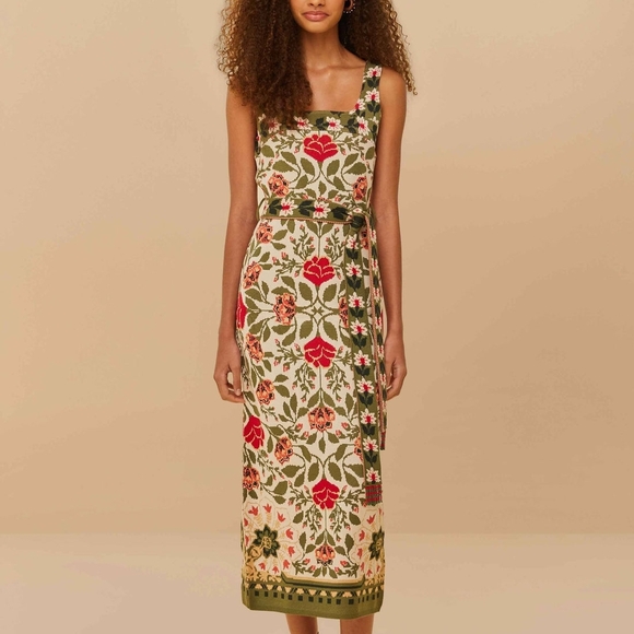 FARM Rio Dresses & Skirts - FARM Rio Sand Garden Tapstry Knit Cream Midi Dress with Green & Red Floral Print